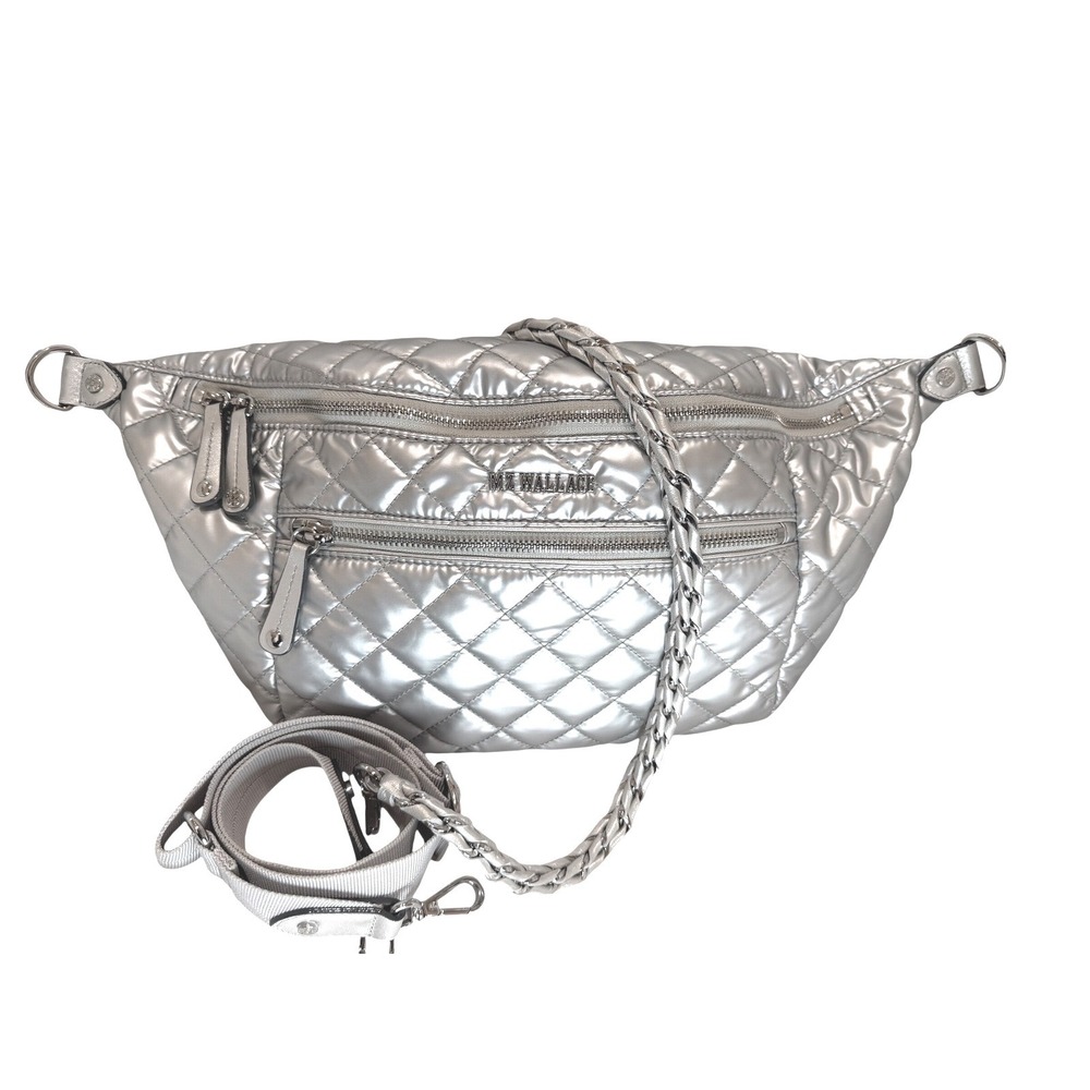 MZ Wallace Crosby Sling Belt Bag Metallic Silver Quilted Nylon Crossbody